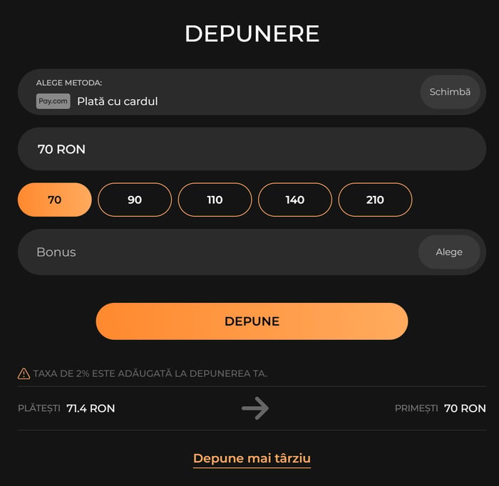 Interfață de depunere a fondurilor pe o platformă de casino online.