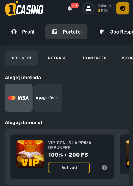 Pagina de depunere la Prima Casino.