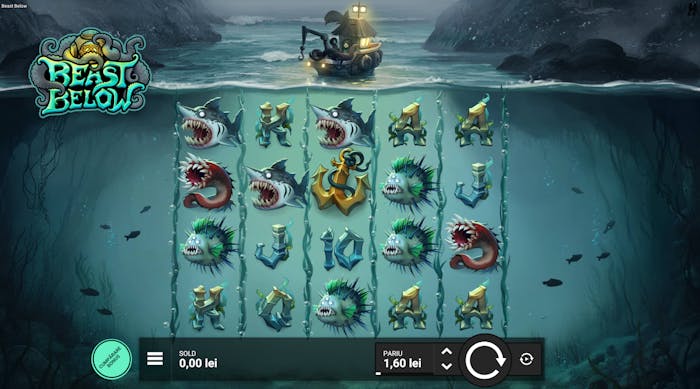 Designul grafic al jocului care sugerează tema subacvatică cu simboluri pești, rechini, ancoră și altele