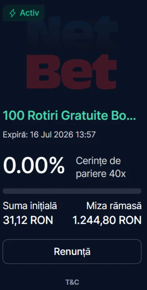 Rulajul ofertei Netbet rotiri gratuite fara depunere de 100 rotiri.