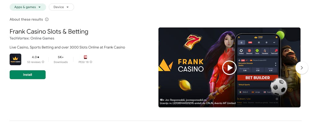 Frank casino aplicatie