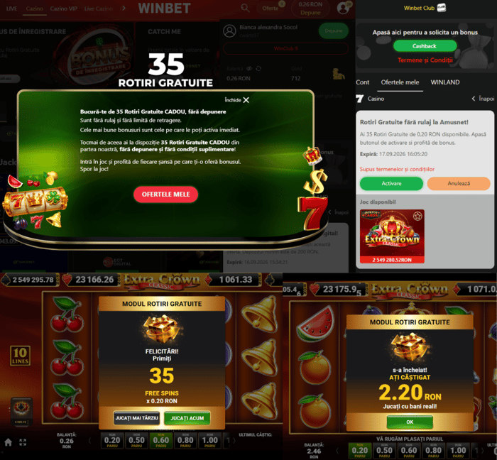 Rotiri gratuite fara depunere pe care le-am luat din bonusurile mele elgibile pe Winbet
