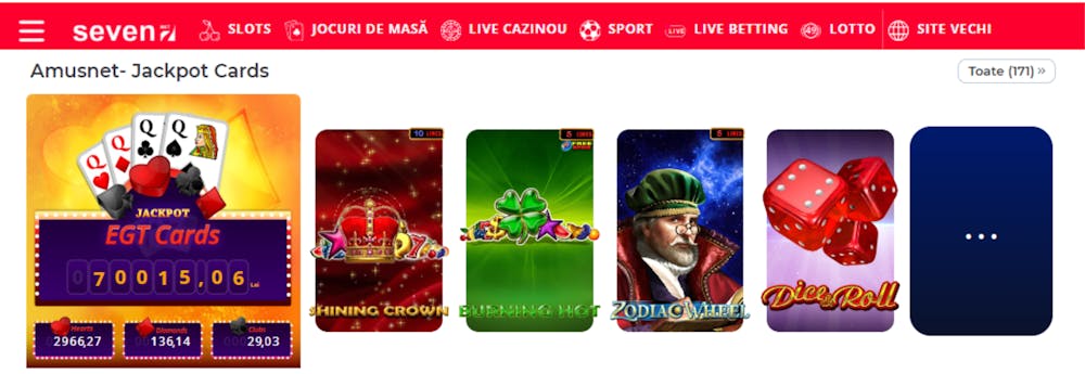 Pacanele cu jackpot EGT Cards Seven casino în care sunt afișate cele 4 trepte de câștig și premiile aferente. Jocuri ca Shining Crown sau Burning Hot intră în această categorie.