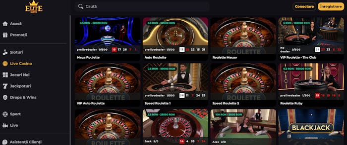 Pagina de jocuri live de pe site-ul Elite Slots casino.