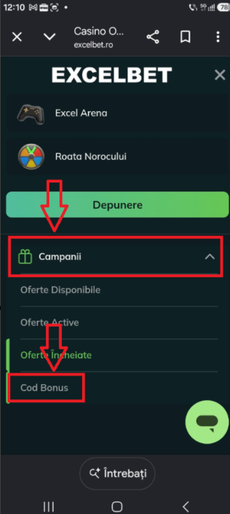 Meniu principal de unde deschizi câmpul cu alegere cod bonus Excelbet.