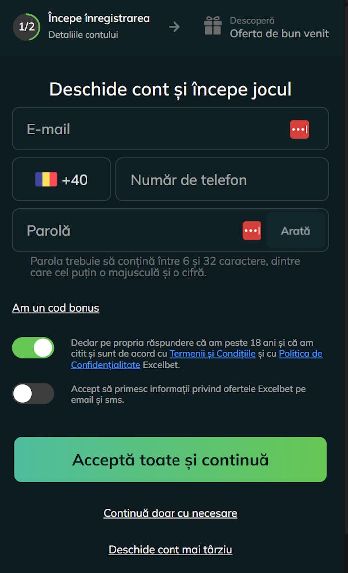 Prima parte din formularul de inregistrare de la Excelbet Romania unde scrii adresa de e-mail, numărul de telefon și parola.