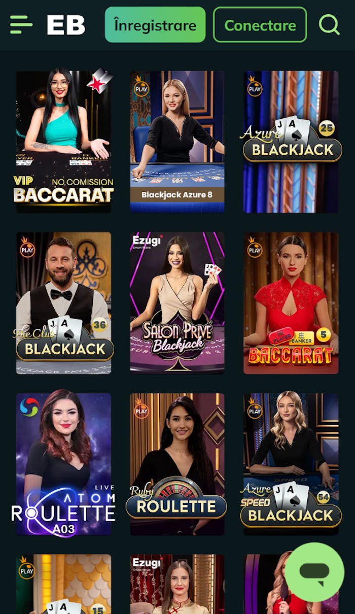 Mese live pe Excelbet cu jocuri mixte de ruletă, baccarat și blackjack.