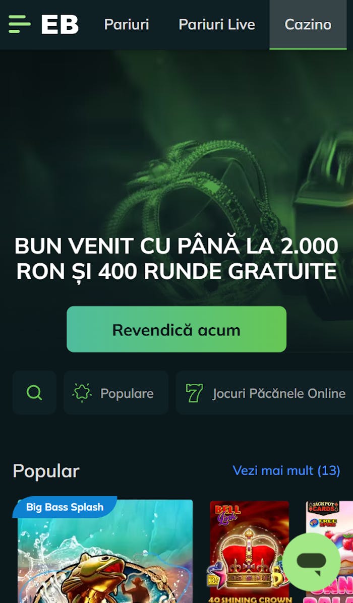 Prezentare generală Excelbet casino cu oferta de bun venit, categorii de jocuri și live chat.
