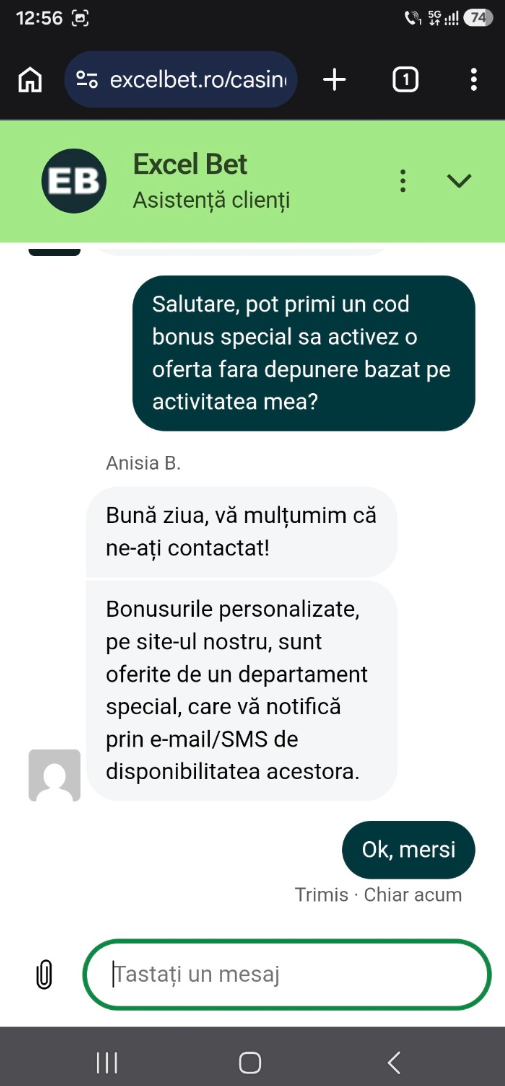 Răspuns suport cod Excelbet cerere.