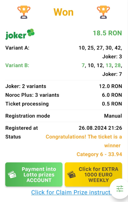 Castig de 18.5 RON la loto 6 din 49 în categoria 6 cu 3 numere 7, 13 și 28.