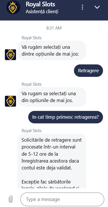 Exemplu de răspuns oferit de cazino pentru solicitare mea de retragere