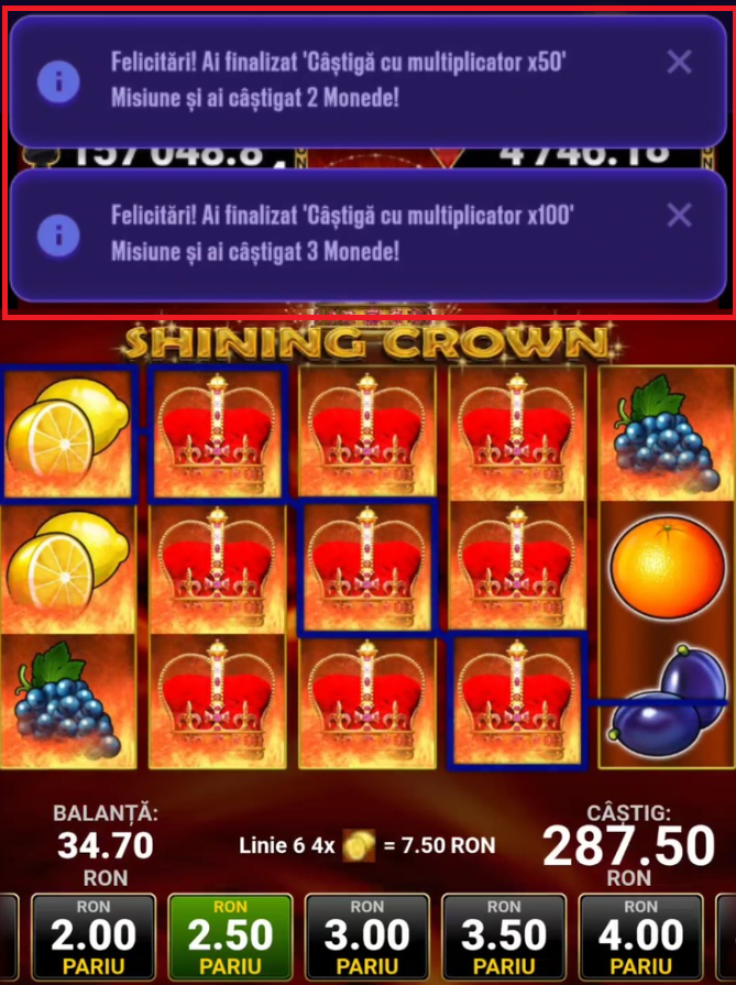 Exemplu de puncte din multiplicatori pe care le-am obținut în timp ce jucam Shining Crown pe Zinx Casino online.
