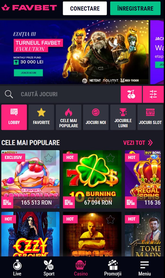Toată selecția de jocuri de pacanele de la Favbet casino ro.