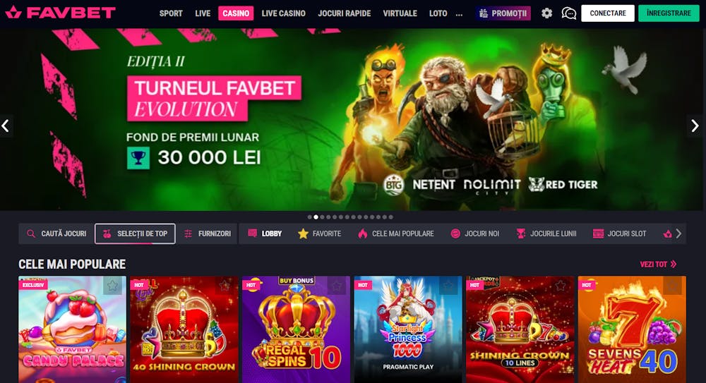 Prima pagină a cazinoului Favbet România din 2025.
