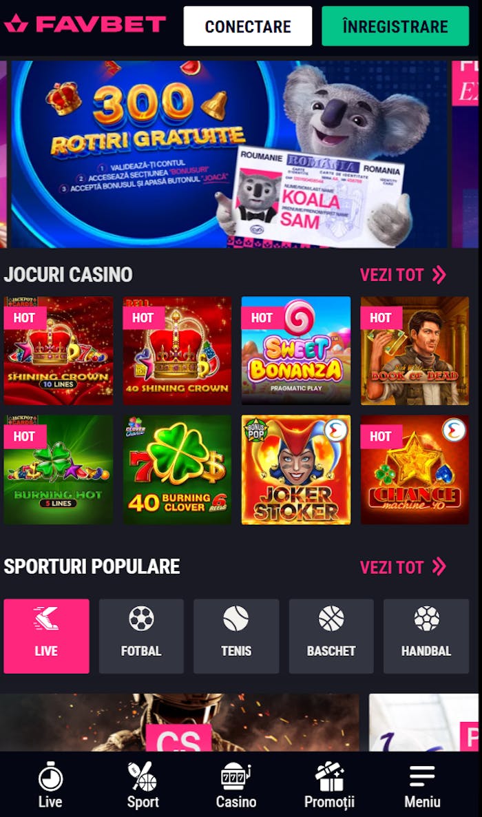 Prima pagină a cazinoului Favbet România din 2025.