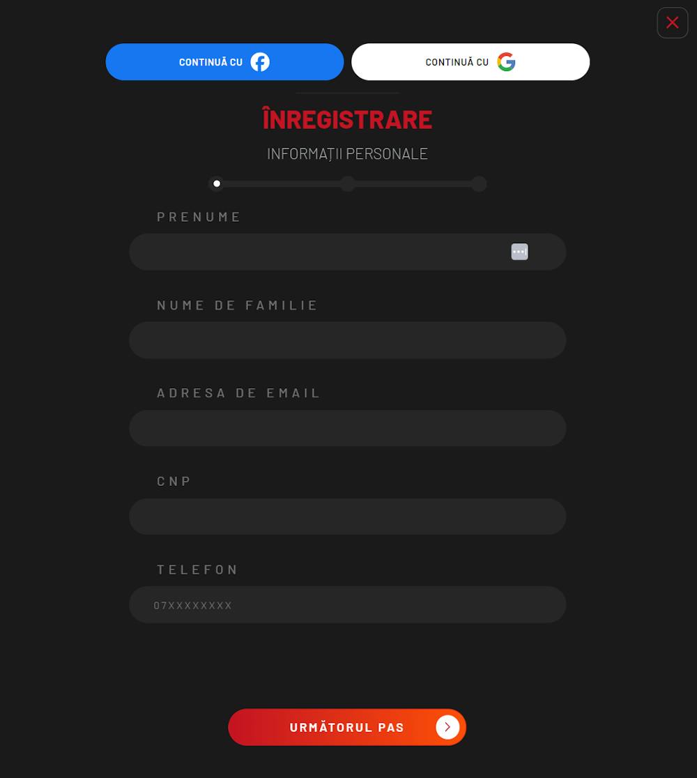 Formular de înregistrare maxbet.ro nou cu opțiunea de creare rapidă cont prin rețeaua de socializare Facebook sau prin contul tău Google