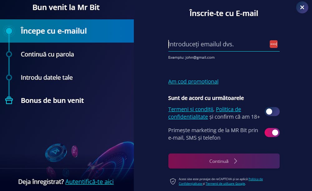 Formular de înregistrare Mr Bit pentru jucătorii noi în care trebuie să completezi date personale așa cum sunt în buletin.