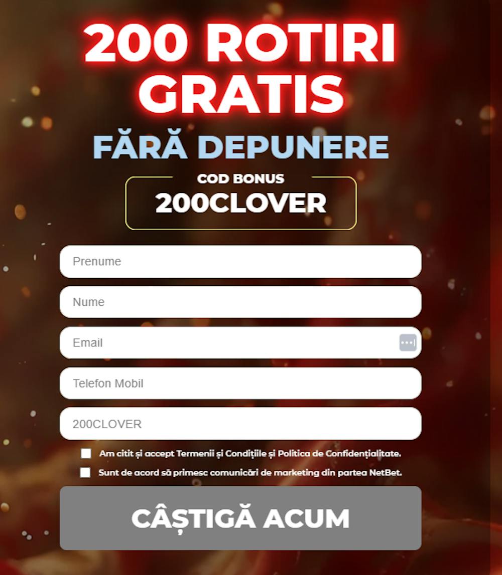 Formular de înregistrare special pentru cazinoul Netbet unde completezi datele principale ca numele de utilizator, telefon și email și mergi la pasul următor pentru oferta exclusivă de 200 de rotiri la validare.