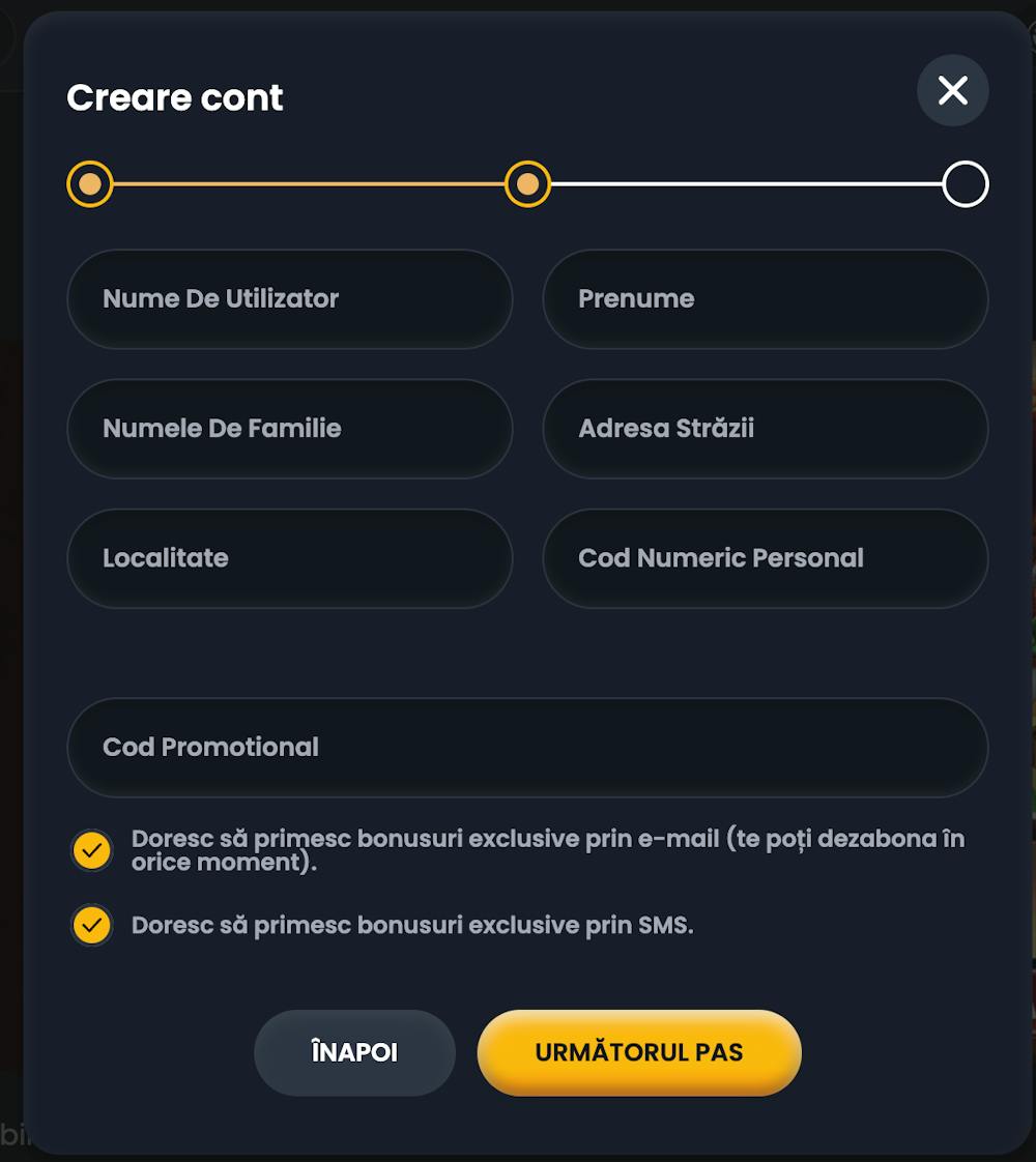 Formular de înregistrare Spin Casino România.