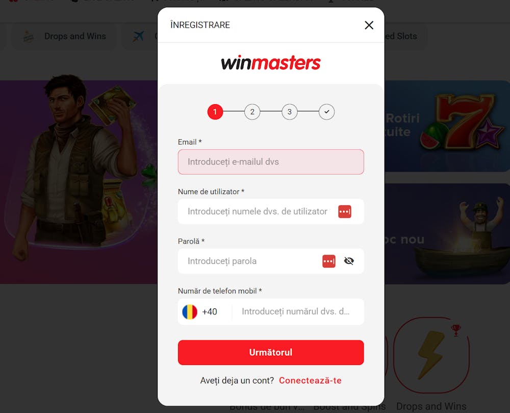 Formularul de înregistrare Winmasters în patru pași pentru deschiderea contului.