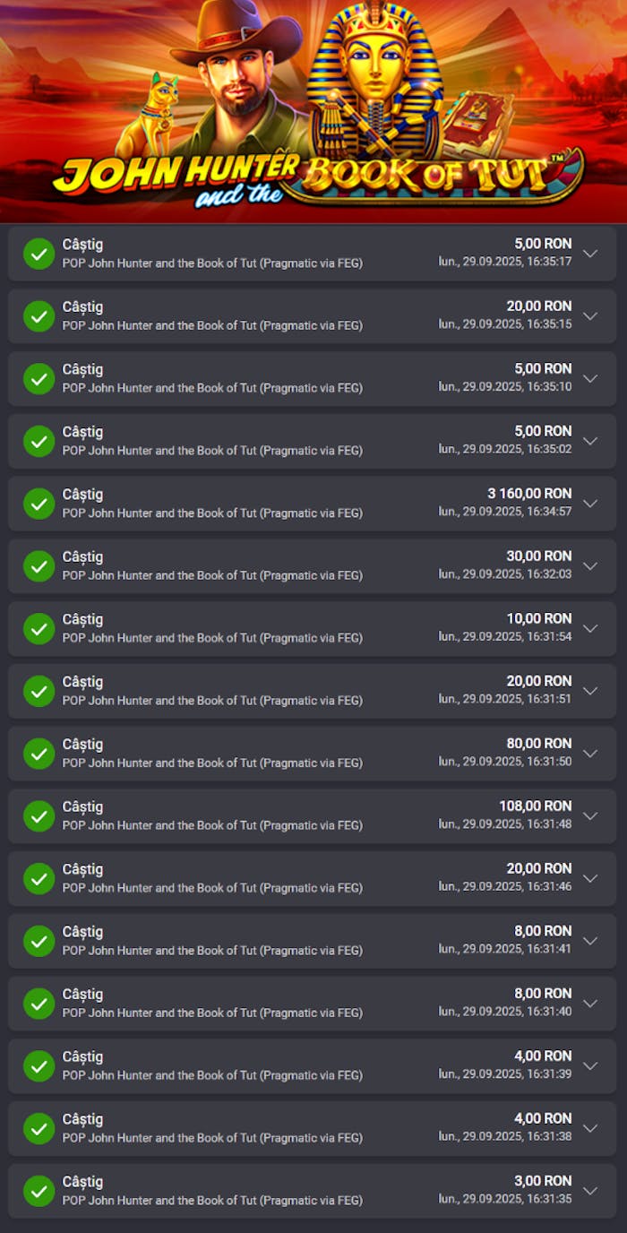 Câștigurile mele pe mize de 5 și 6 RON pe Fortuna casino Romania la John Hunter and theBook of Tut.