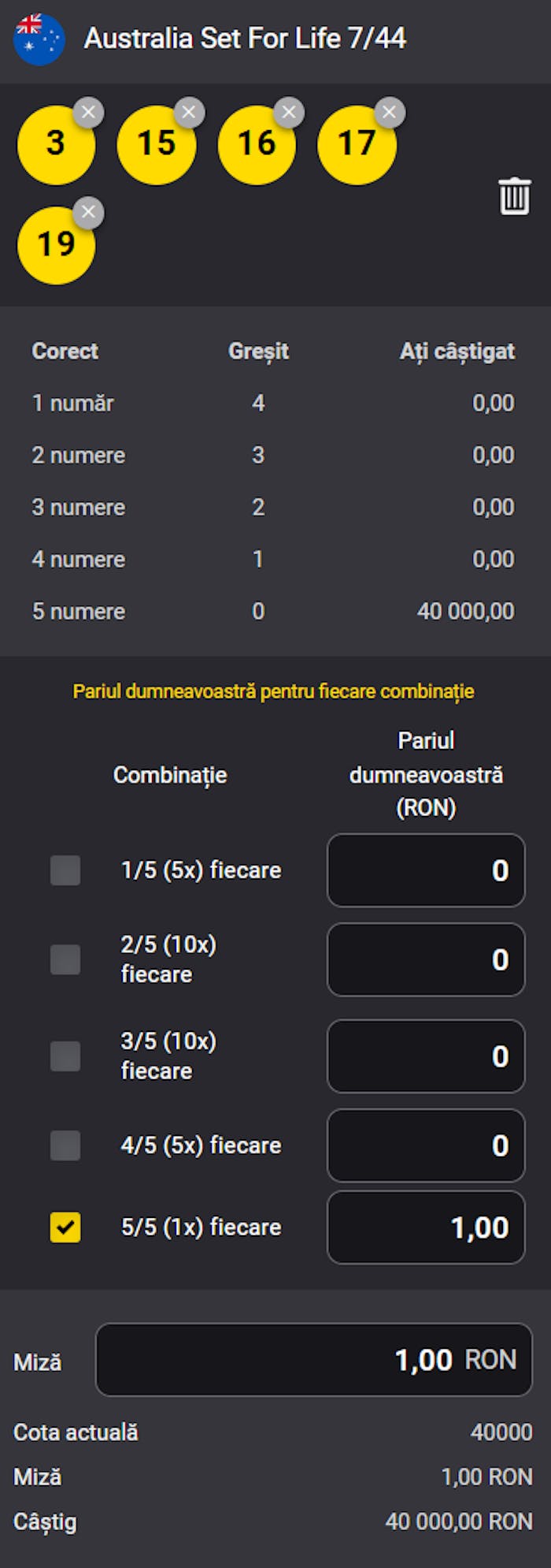 Exemplu de bilet pe care l-am pus la Fortuna casino online pe 1 RON cu potențial de câștig de 40k.