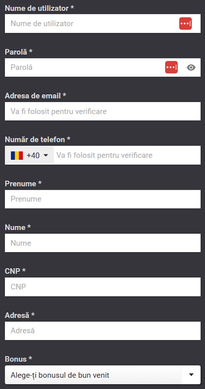 Formular de inregistrare de la Fortuna casino  în care scrii adresa de email, nume, prenume și alegi recompensa.