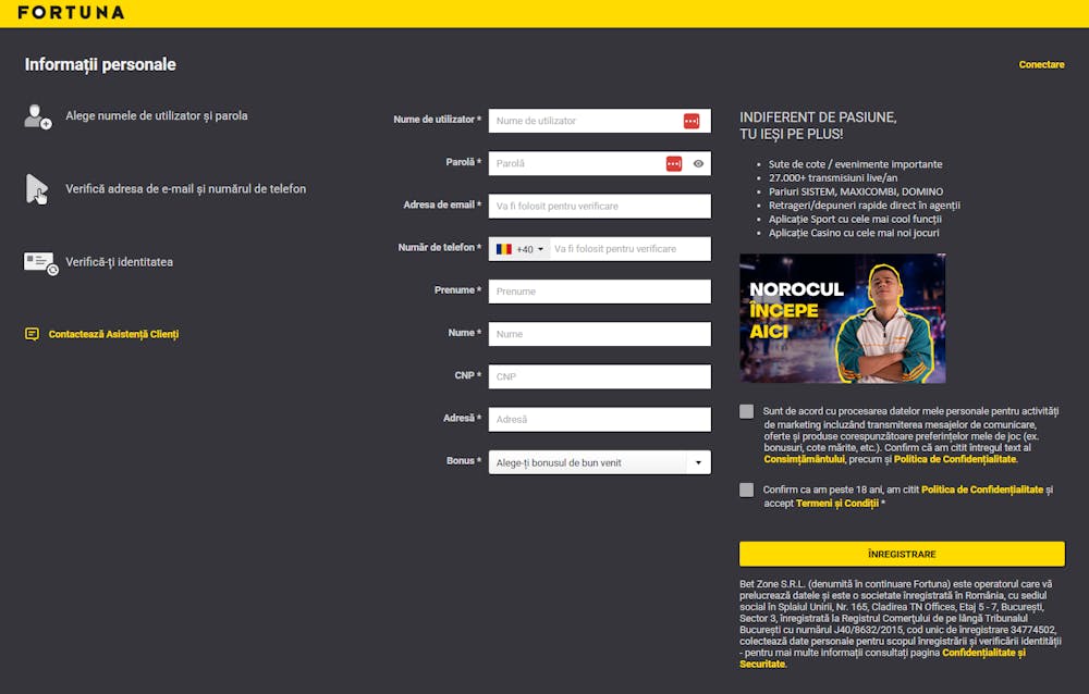 Formular de inregistrare de la Fortuna casino pentru deschidere cont.