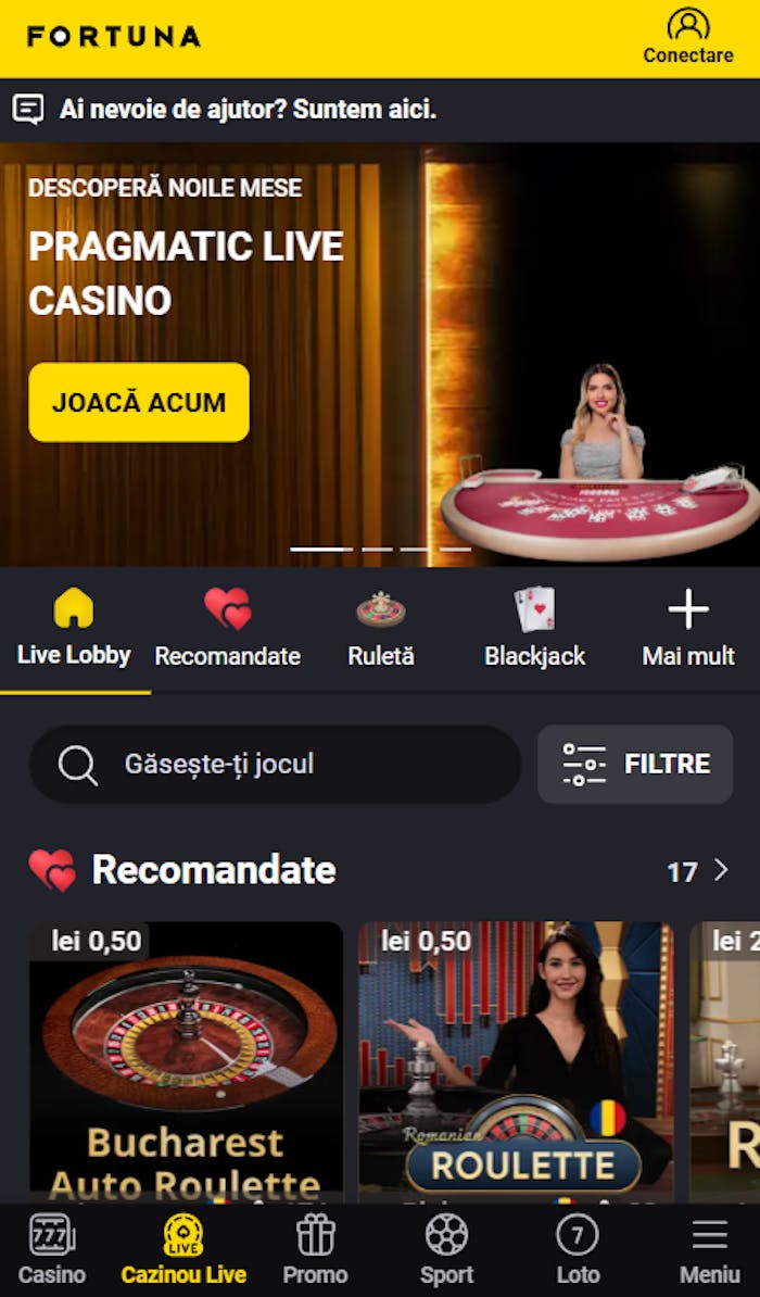 Secțiunea live de la Fortuna România cu jocuri de blackjack și ruletă.
