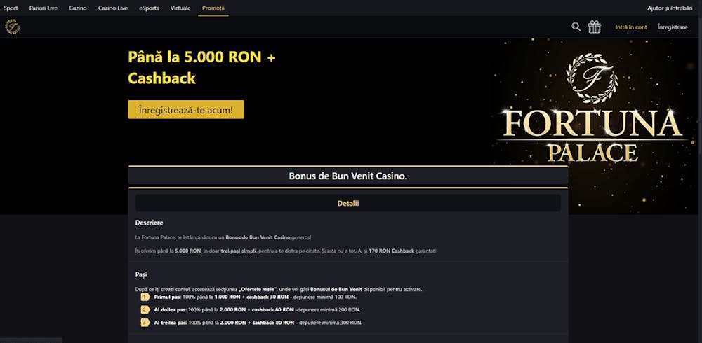 Prin bonusul de bun venit Fortuna Palace poți obține până la 5.000 RON și cashback.