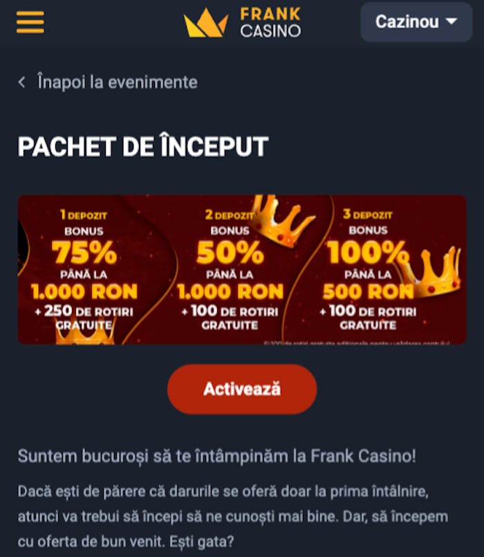 Oferta de bun venit fără cod promo Frank casino pentru bonus în 2025 pe care o poți lua azi.