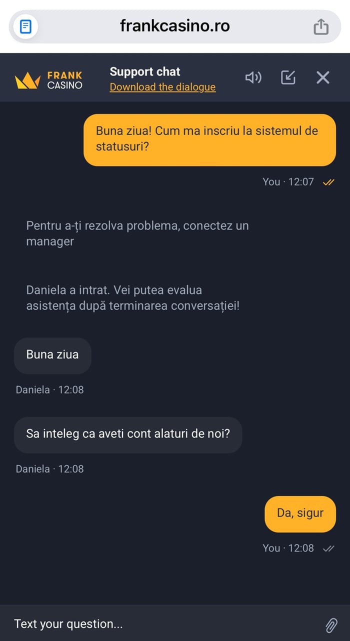 Suport chat cu un agent real la Frank Casino.
