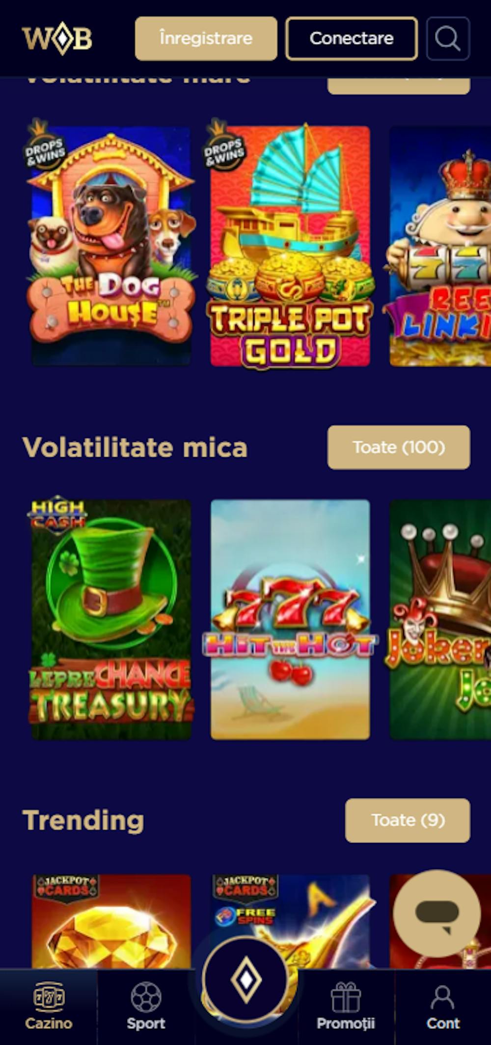 Lobby cu jocuri populare dintr-un cazino online românesc.