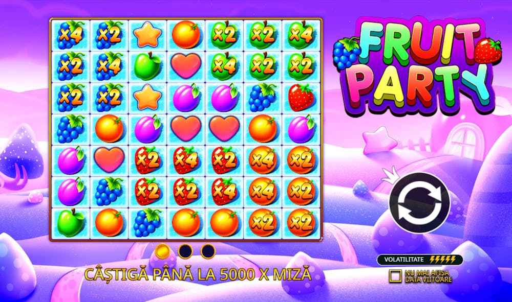 Ecranul principal al jocului cu fructe Fruit Party ăn care este prezentat câștigul maxim de 5000x miza și cum se fac câștigurile alături de multiplicatorii de joc care pornesc de x2.