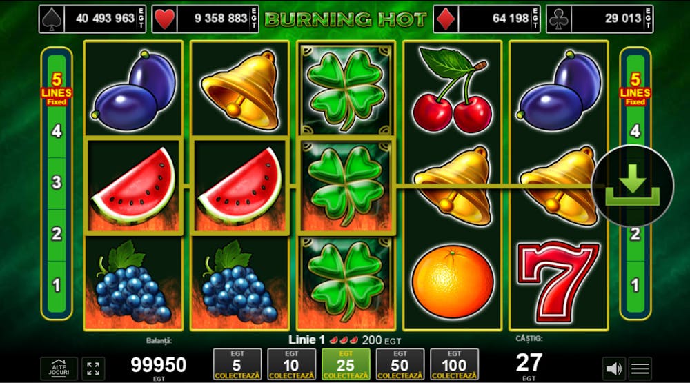 Cel mai popular joc cu fructe EGT în care sunt prezentate simbolurile din jocul de bază într-o rotire câștigătoare cu simbolul wild, trifoiul, prins pe rola cu numărul 3.