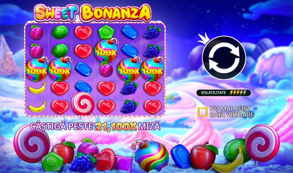Jocuri cu pacanele cu fructe gratis Sweet Bonanza de la Pragmatic Play în care sunt prezentate simbolurile, câștigul maxim și multiplicatorii pe role precum și volatilitatea mare.