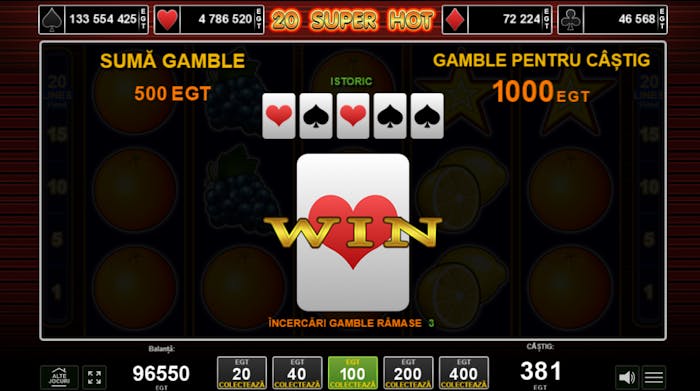 Exemplu de utilizare a funcției de dublaj în slotul 20 Super Hot unde am câștigat la o învârtire și am vrut să dublez câștigul ghicitind culoarea cărții de joc - roșu sau negru.