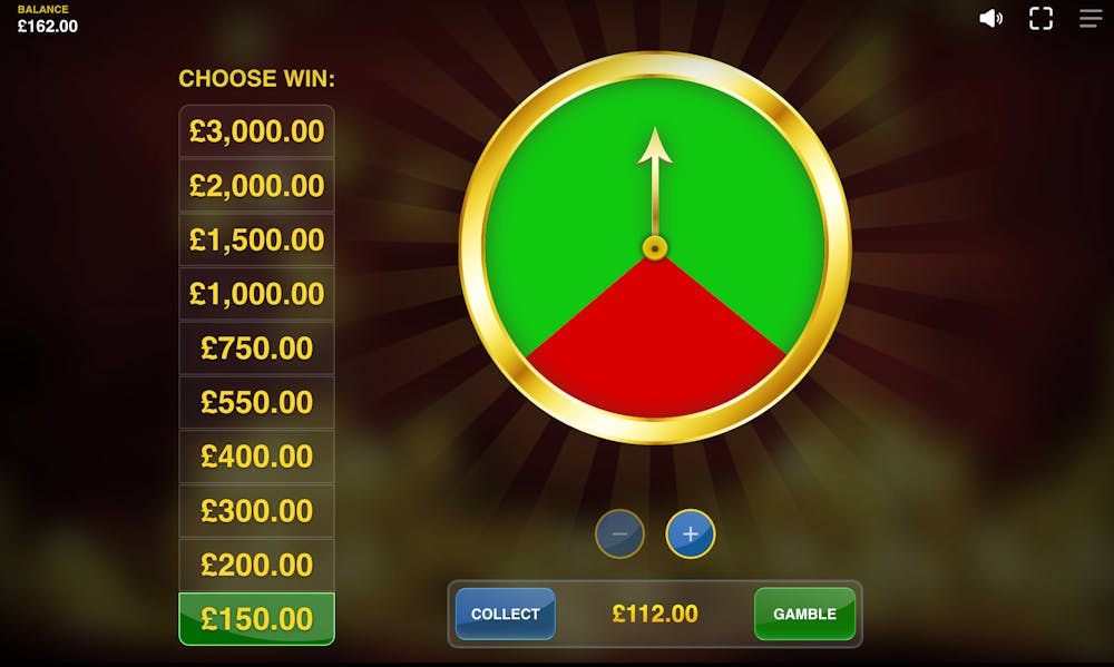 Funcția gamble este automată și câștigi când săgeata se oprește pe verde.