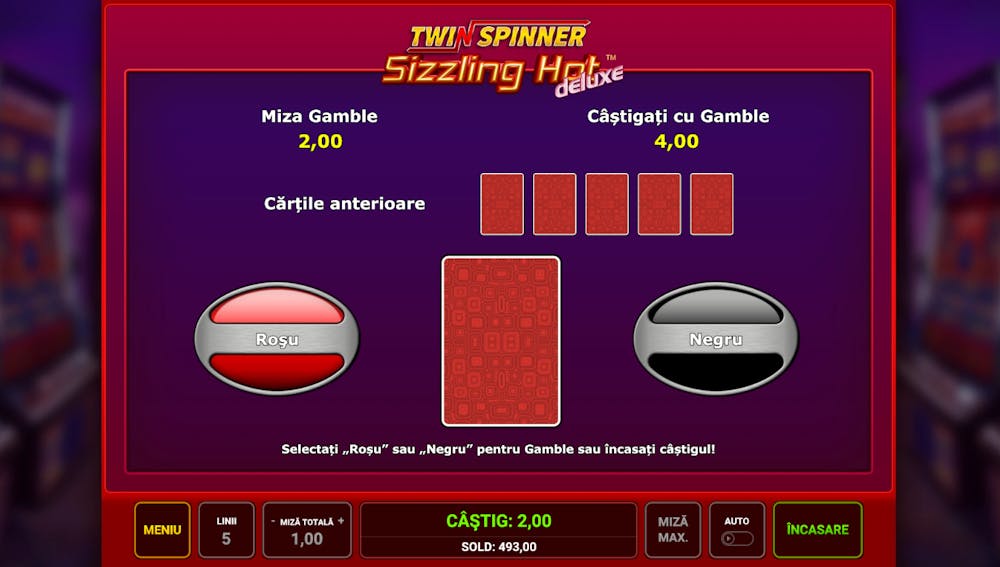 Funcția Gamble din slotul Twin Spinner Sizzling Hot Deluxe în care trebuie să ghicești culoarea cărții de joc roșu sau negru de până la 5 ori pentru dublarea câștigului. Alegi dreapta negru sau stânga roșu. Dacă ghicești câștigi dacă nu, pierzi.