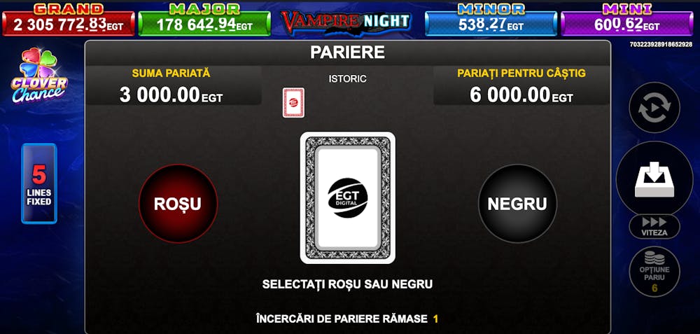 Îți poți dubla câștigurile cu funcția gamble la Vampire Night Clover Chance. 