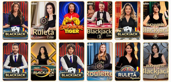 Blackjack, ruletă și Dragon Tiger sunt disponible pe pagina de live casino.