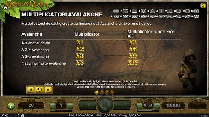 Valoare multiplicatori la funcția Avalanche de la slotul Gonzo’s Quest.