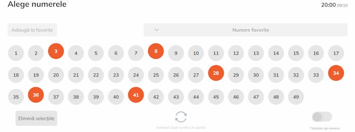 Exemplu de 6 numere selectate din 49 pentru jocul de loto Grecia 6 din 49.
