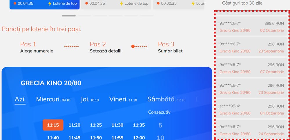 Unde afișează platformele ultimele câștiguri împreună cu data și suma pentru Grecia Kino.