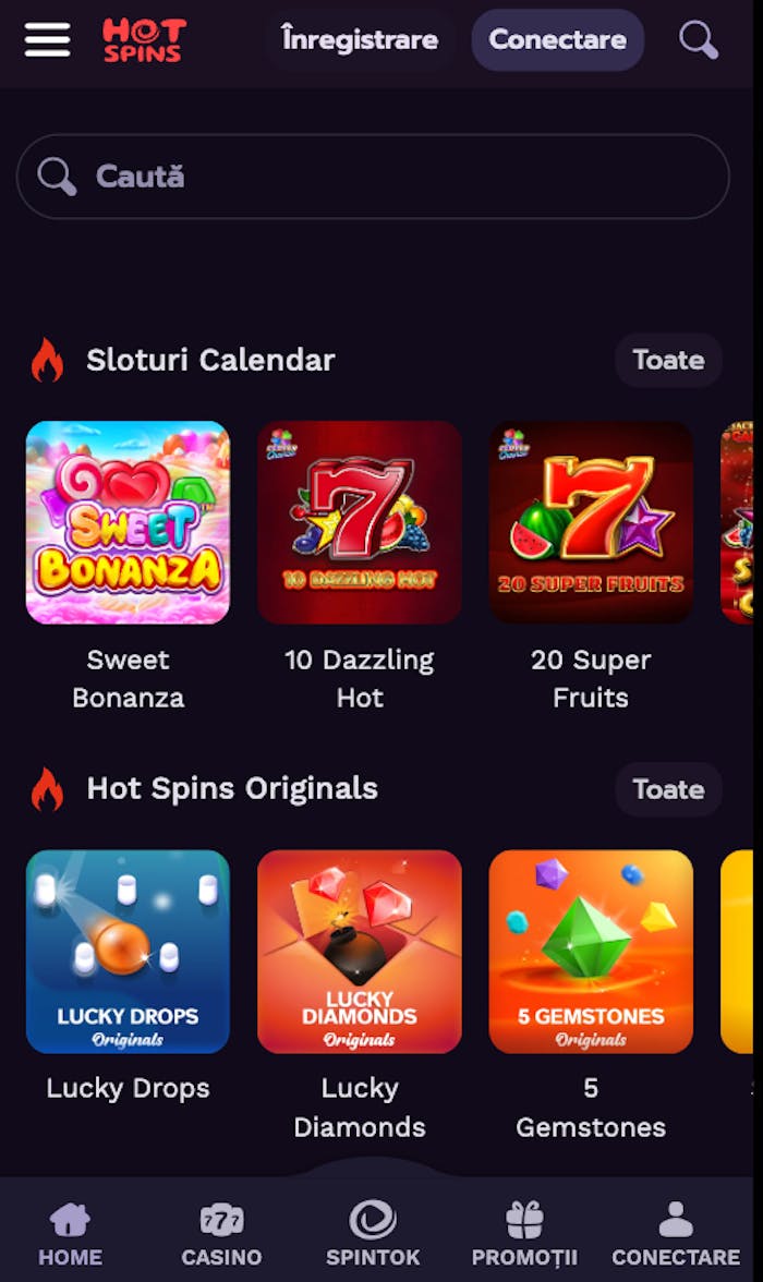 Pagina principală a site-ului de gambling HotSpins casino.