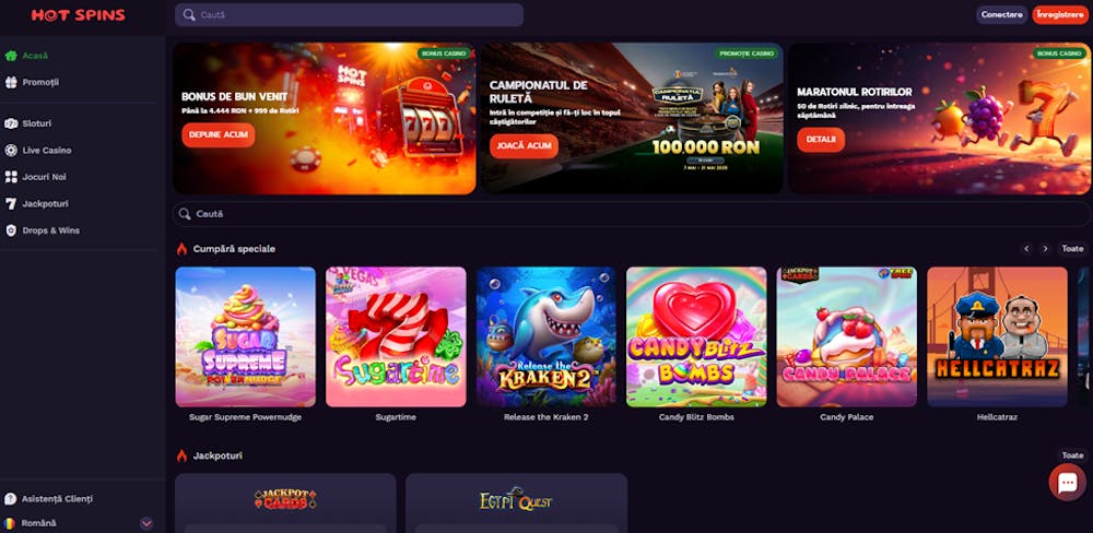Pagina principală a site-ului de gambling HotSpins casino.