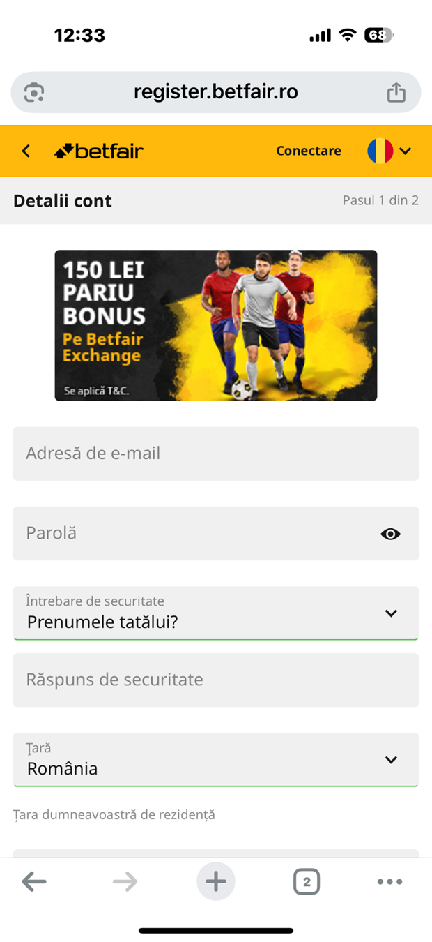 Formularul de înregistrare clienți noi de la Betfair casino.