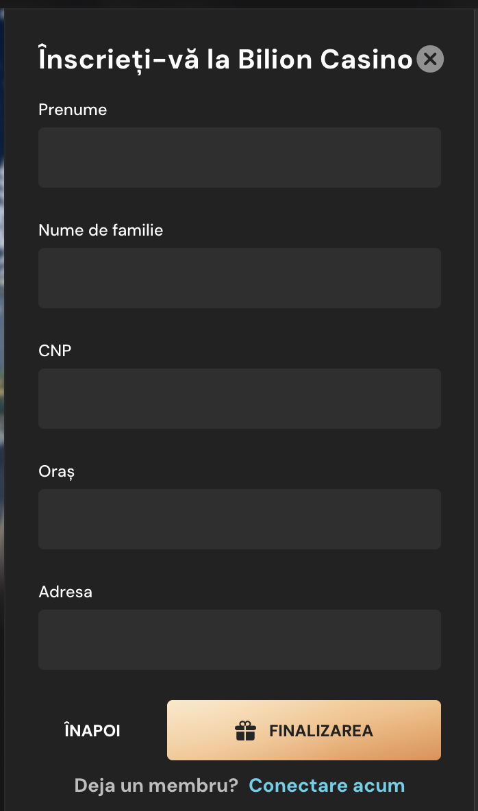 Date personale din pașii de înregistrare a unui cont nou la Bilion casino. 