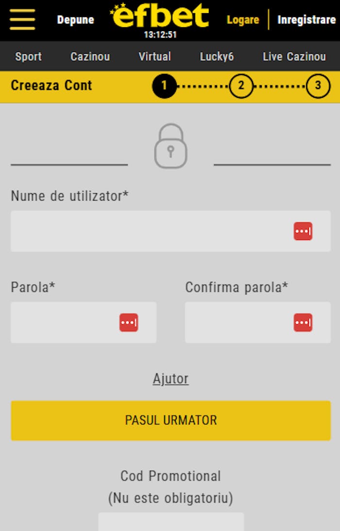 Nume de utilizator, parola și confirmare parolă pentru cont nou pe Betfair online.