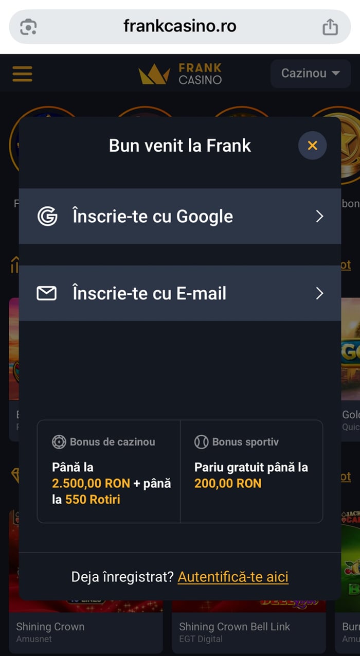 Proces de înregistrare cont nou la Frank Casino online.
